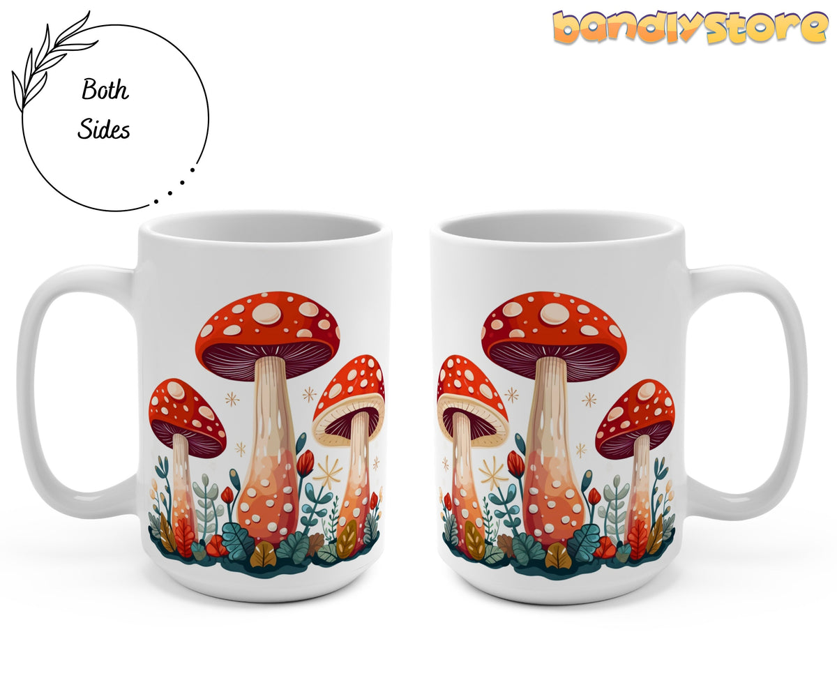Cute Mushroom Mug 15oz two mugs side by side on plain background showing the design on both sides.