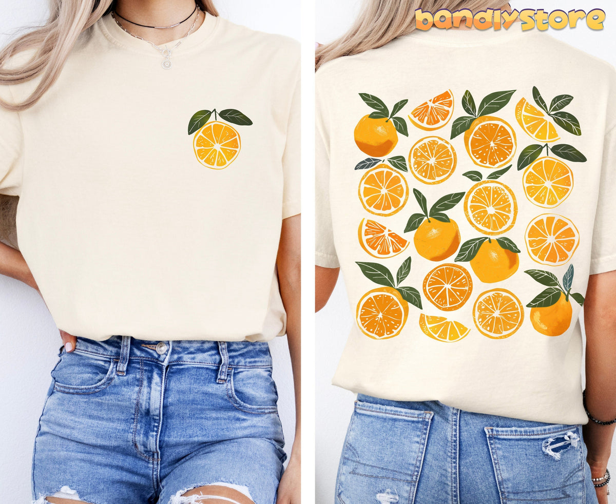 Cute Oranges T-Shirt with Back Print on ivory fabric, front small citrus motif and full orange-slice back print, modeled front and rear.