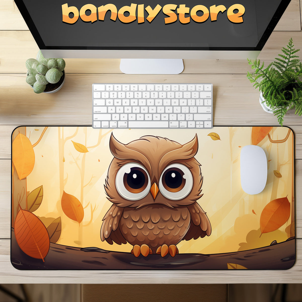 Cute Owl Autumn Desk Mat in top-down view on a wooden desk with monitor, keyboard, mouse and plants.