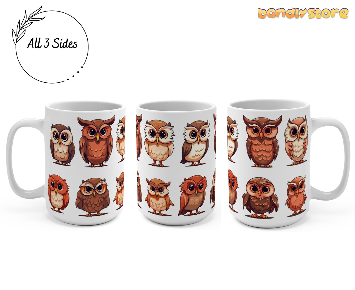 Cute Owls Mug shown from three angles on white background revealing owl designs on all sides.