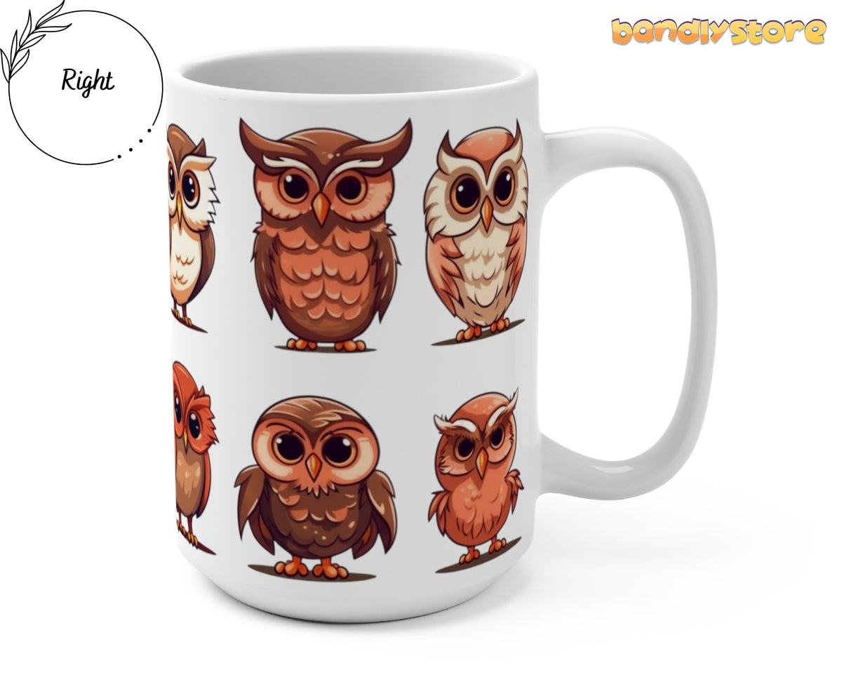 Cute Owls Mug angled on white background showing right handle, with Right circle left and bandlystore logo.