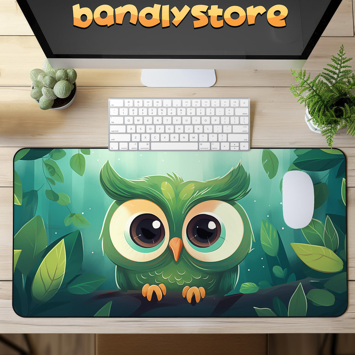Cute Owl Desk Mat on a wooden desk from above with monitor, keyboard, mouse and potted plants.