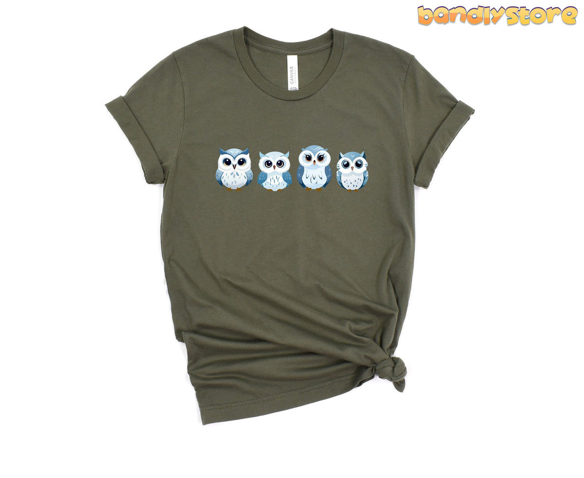 Cute Snow Owl T-Shirt on military green tee, front view, four cartoon snow owls across the chest.