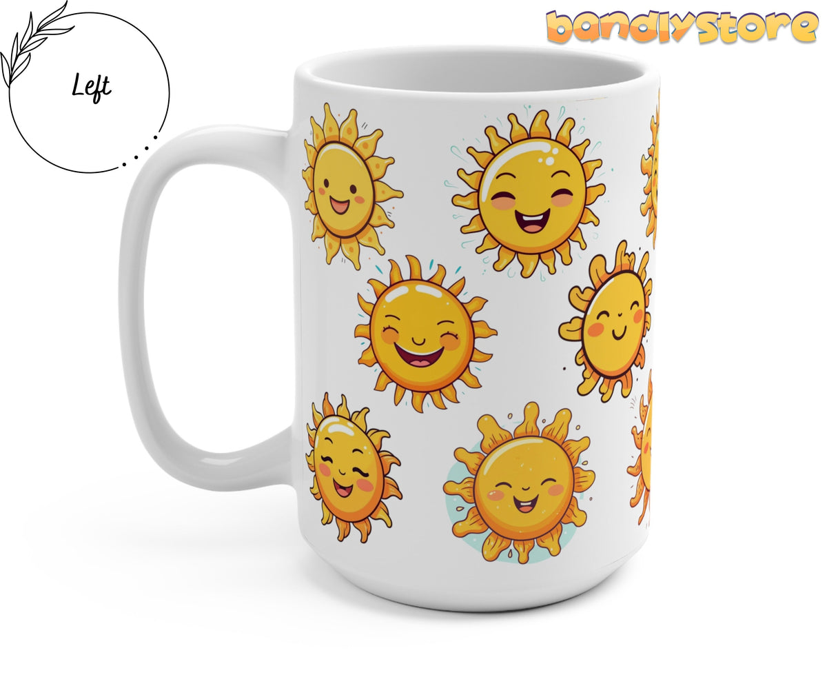 Cute Suns Mug angled to show left handle, printed with yellow smiling suns on plain white background.