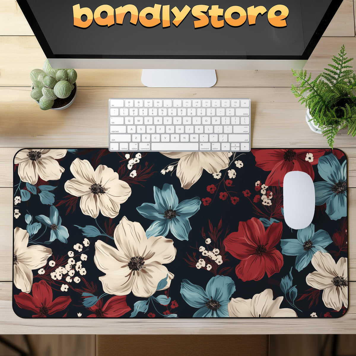 Dark Floral Desk Mat on a wooden desk from above with keyboard, mouse, monitor, plants and bandlystore logo.