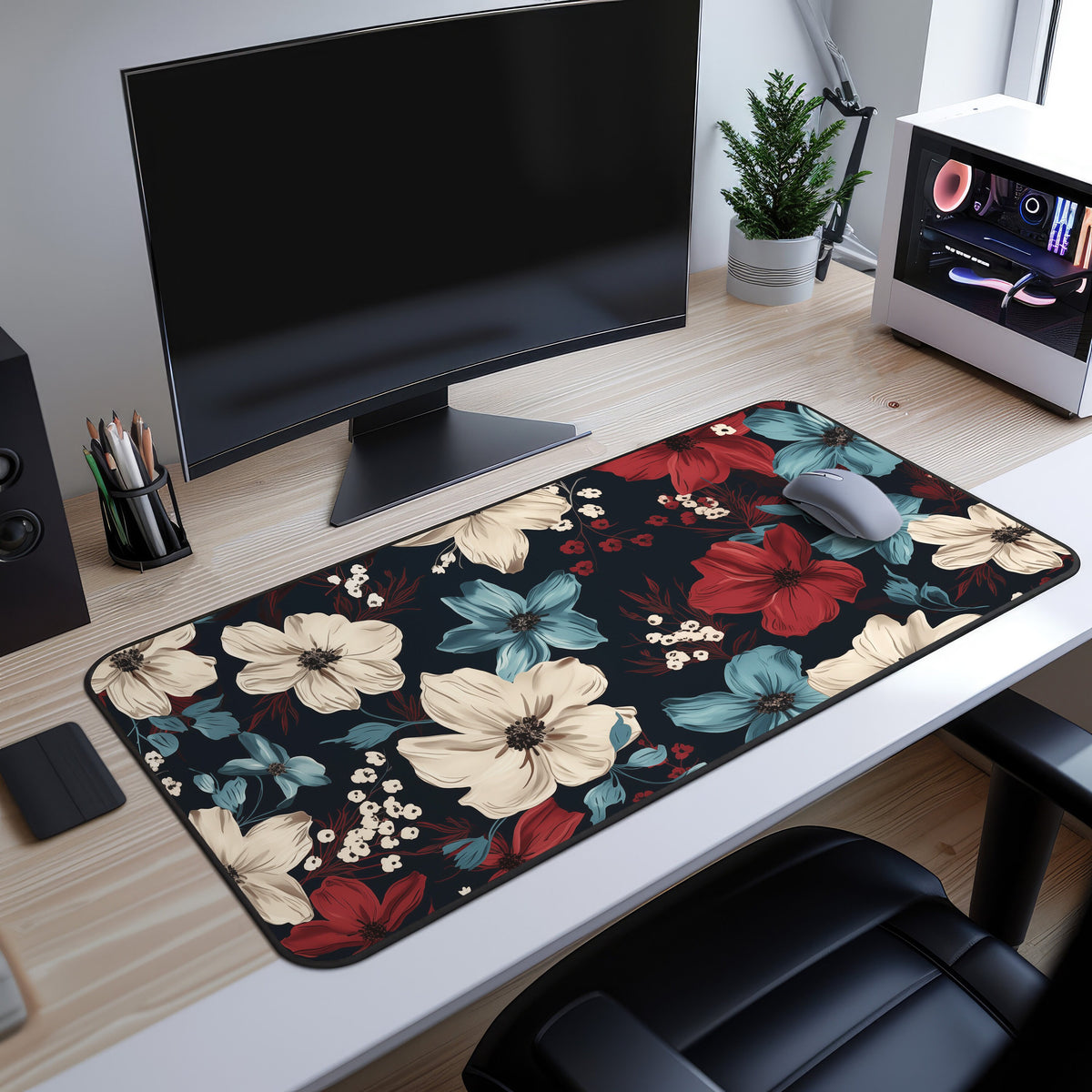 Dark Floral Desk Mat on a wooden desk under a monitor, with mouse, plant and PC case nearby.