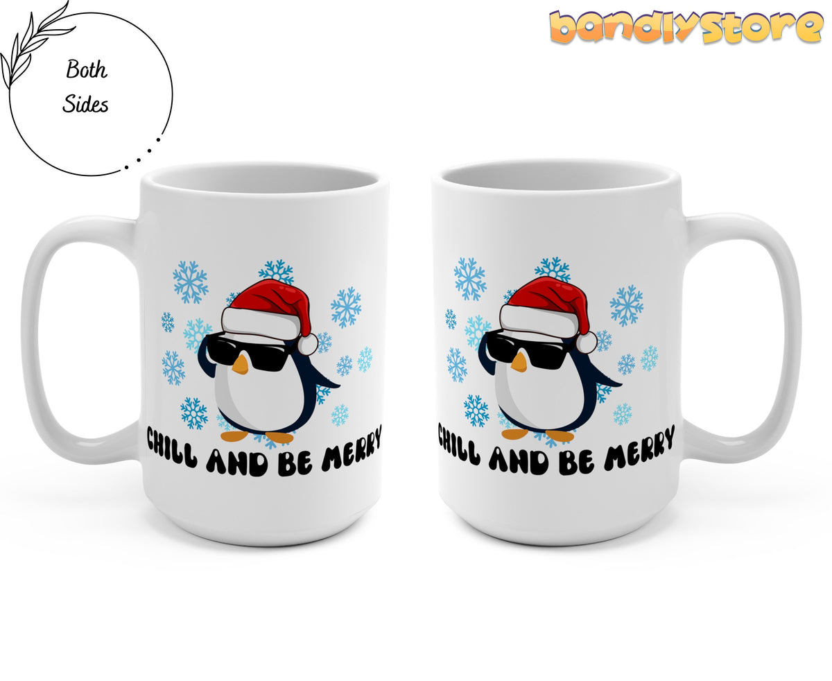 Funny Penguin Mug two 15oz mugs side by side on plain background showing both sides.