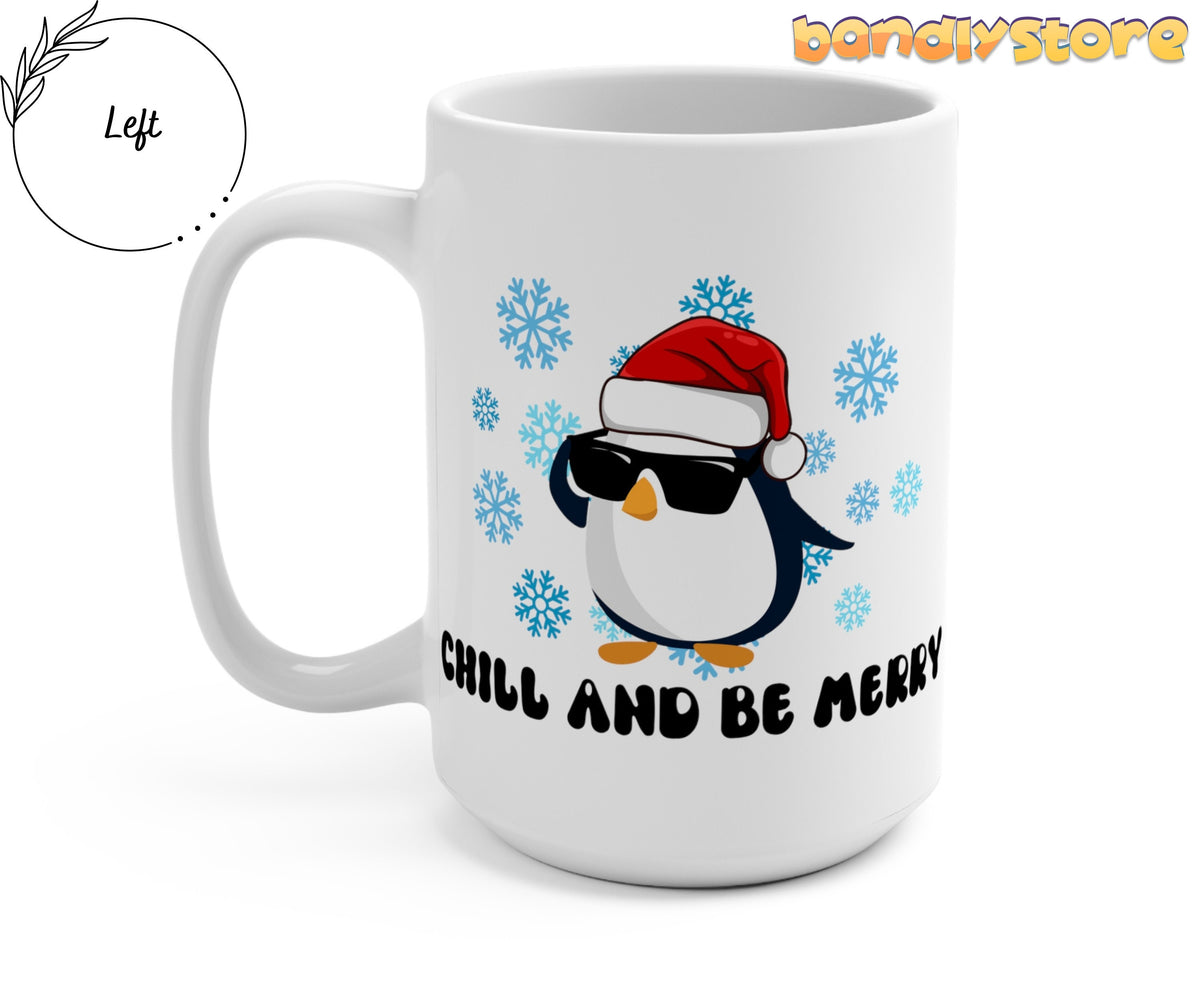 Funny Penguin Mug white angled with handle on left on plain background beside Left label.