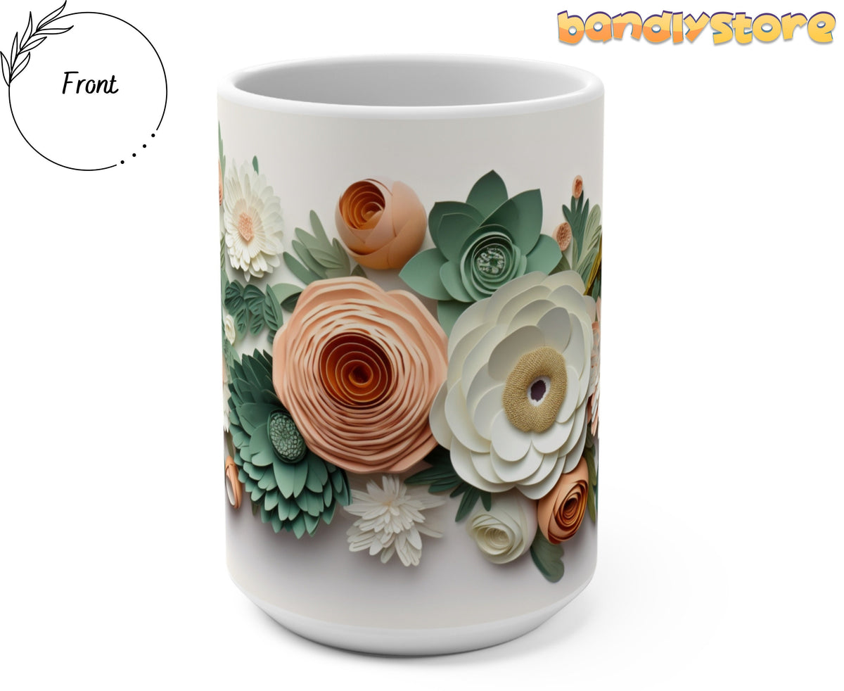 Green Floral 3D Paper Art Mug front view centered on a plain background.