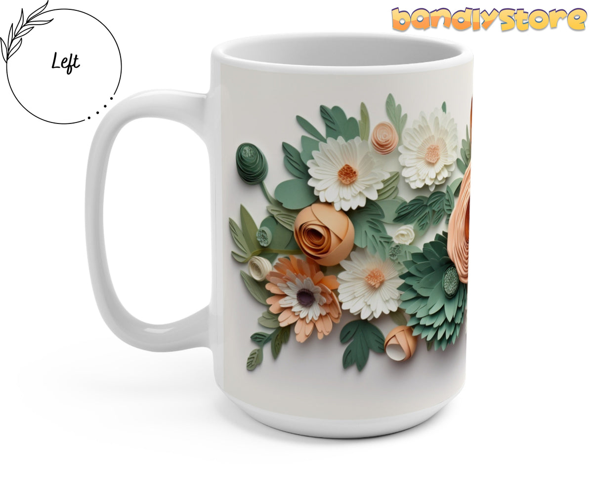 Green Floral 3D Paper Art Mug shown left-side angle on white, handle left, paper-style florals in green, white and peach.