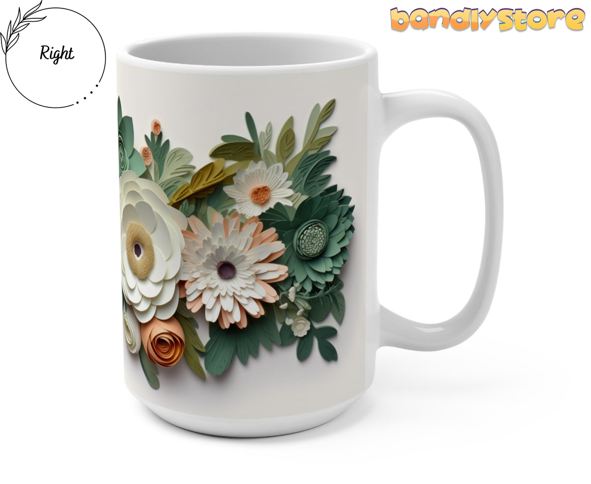 Green Floral 3D Paper Art Mug shown on a plain white background in a side view with the handle on the right.