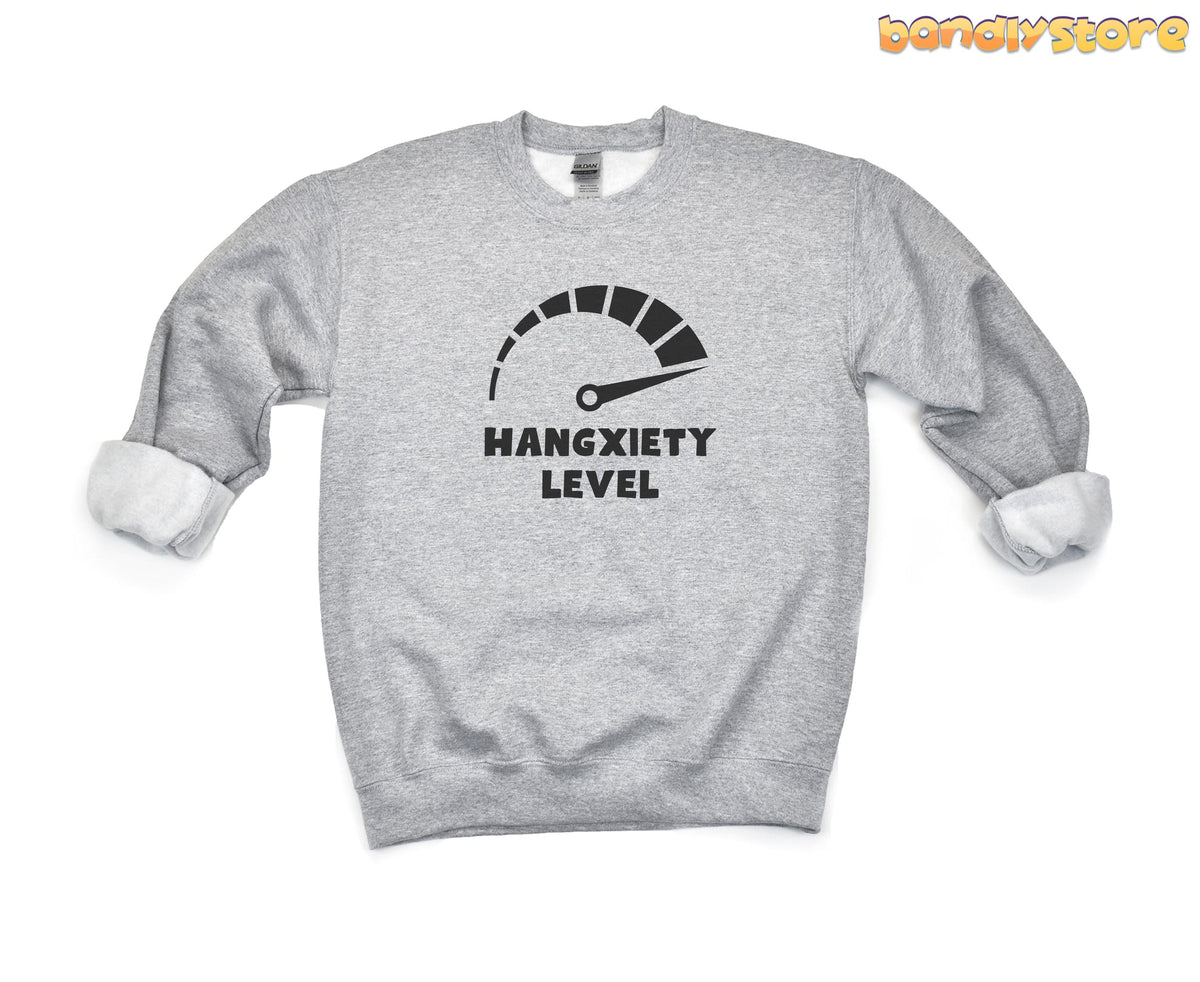Hangxiety Hangover Sweatshirt in Sport Grey laid flat on white background with black hangxiety level gauge.