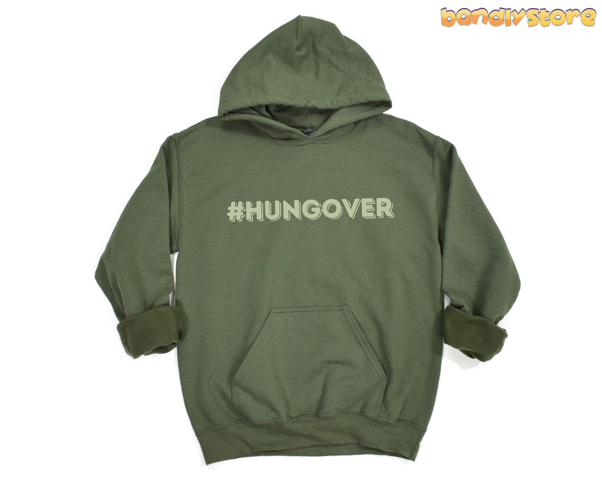 Hashtag Hangover Hoodie in Military Green laid flat on a plain white background.