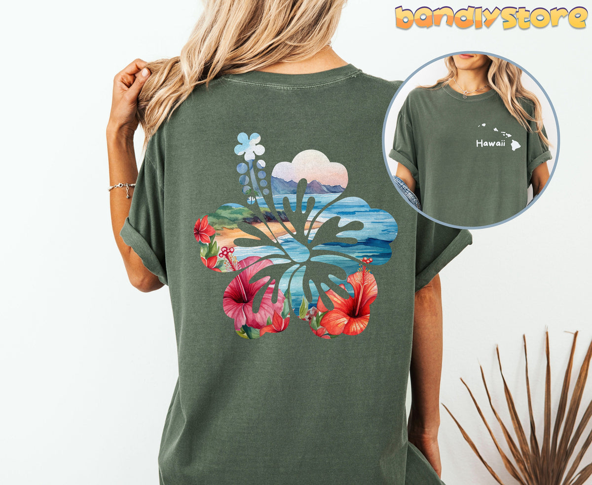 Hawaii Hibiscus T-Shirt with Back Print on moss tee, back view of floral beach scene, front inset with Hawaii outline.