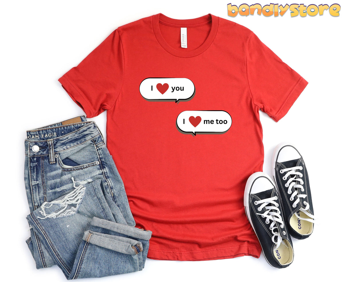 I Heart Myself T-Shirt in red laid flat from above next to jeans and sneakers on a white background.