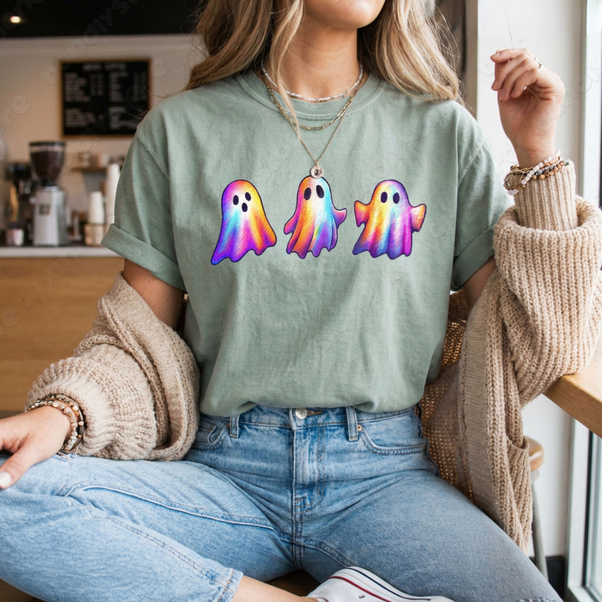 Iridescent Ghosts T-Shirt in Bay, worn seated in a café with three colorful ghosts on the chest.