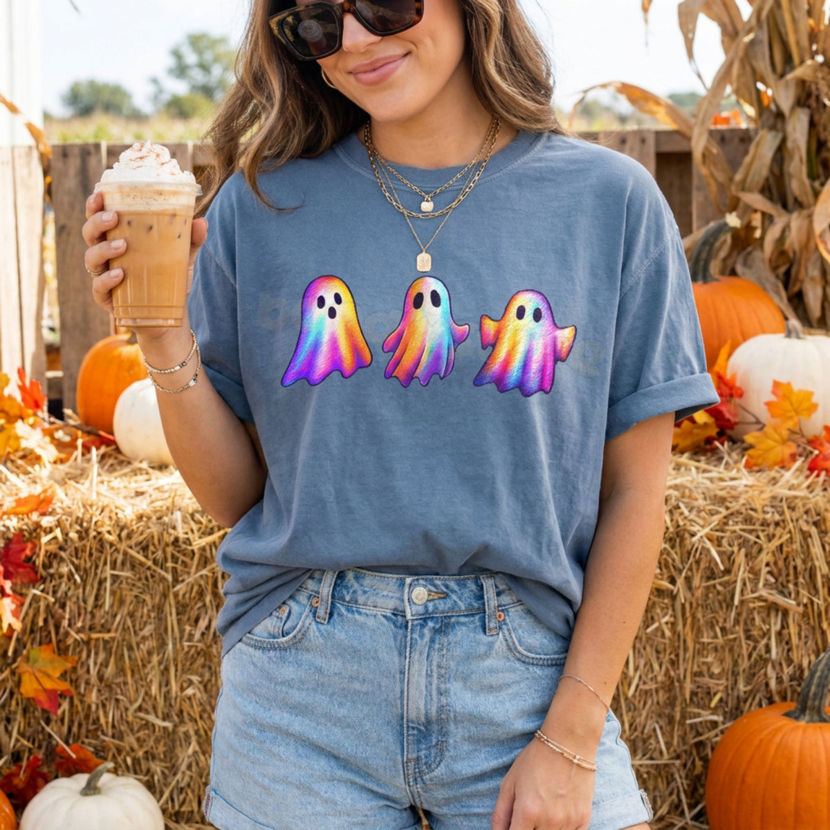 Iridescent Ghosts T-Shirt in Blue Jean, front view on model with iced coffee beside hay bales and pumpkins.