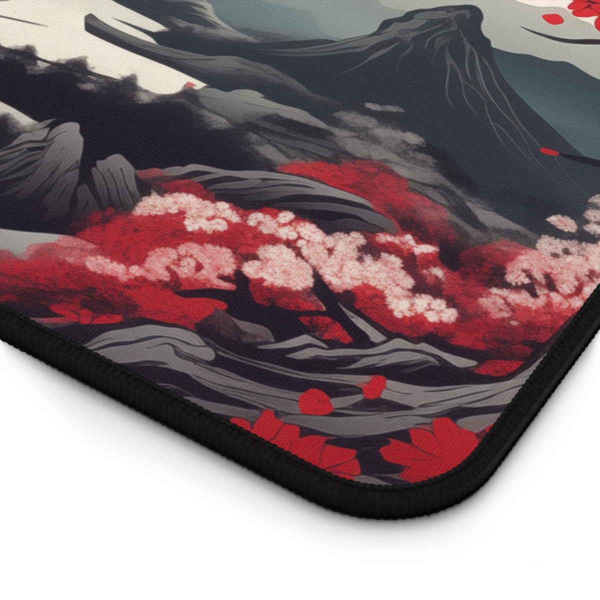 Japanese Mountains Desk Mat close-up of the stitched corner showing mountain print with blossoms on white.