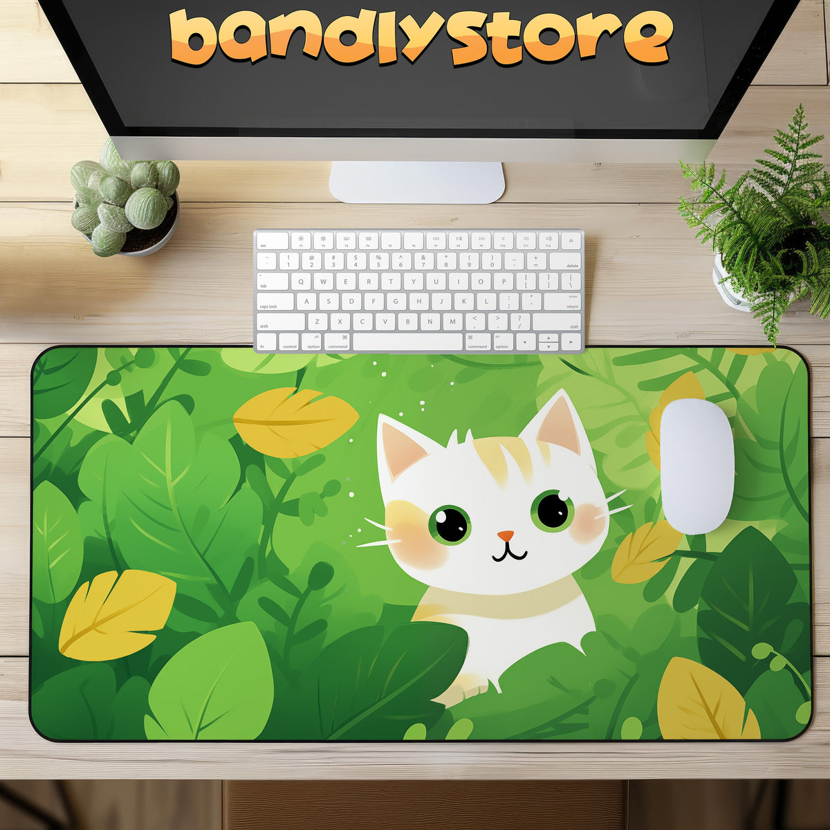 Cute Kawaii Cat Desk Mat top-down on wooden desk with monitor, keyboard, mouse and potted plants.