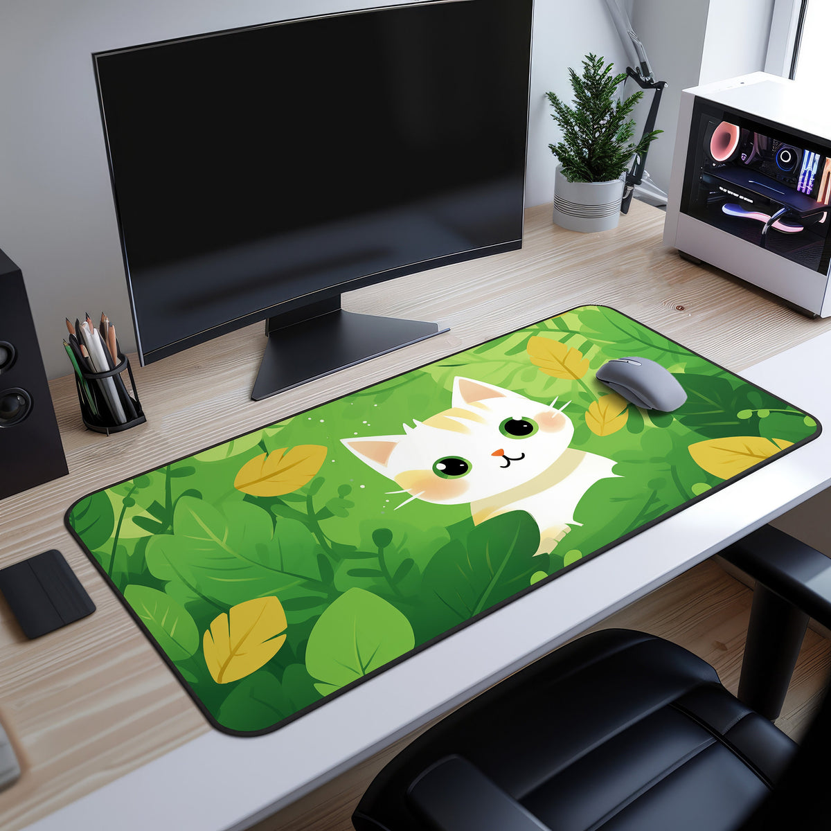 Cute Kawaii Cat Desk Mat on a wooden desk beside a monitor, grey mouse, potted plant and white PC case.