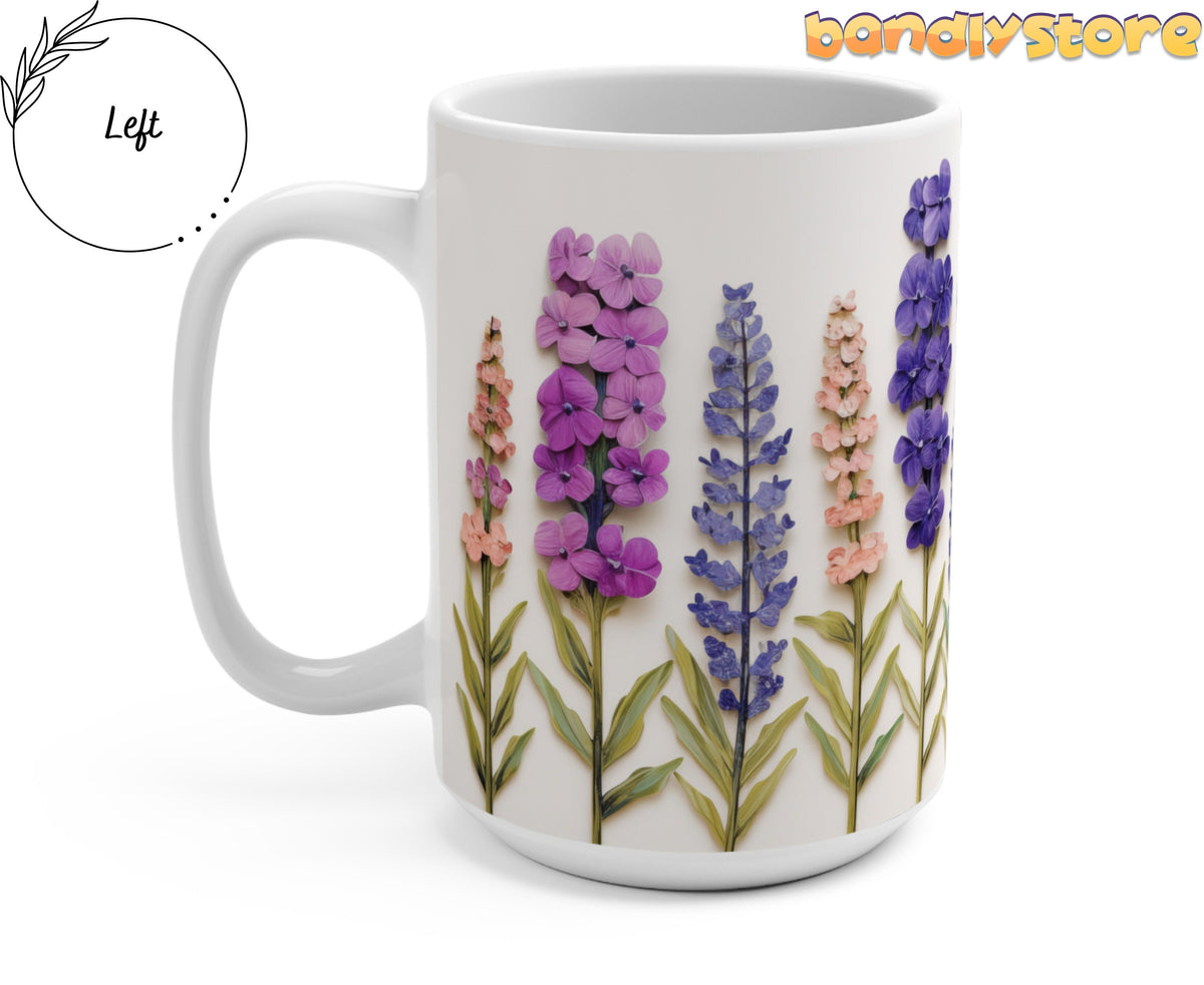 Pressed Lavender Mug angled on plain background with handle on the left and tall floral stems.