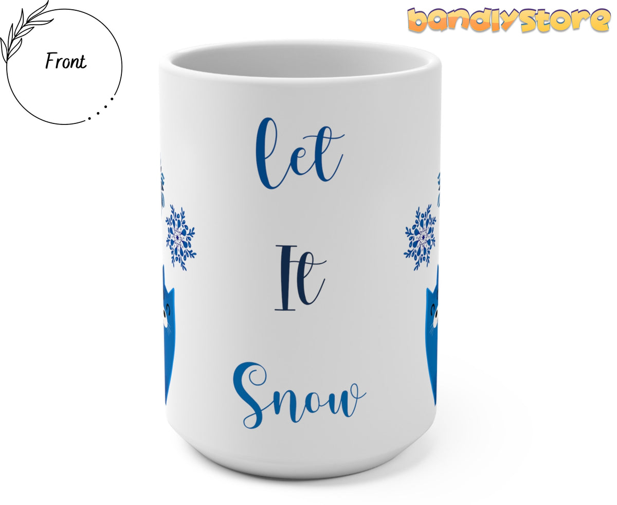 Let It Snow Christmas Cat Mug front view on white background with blue cats and snowflakes.