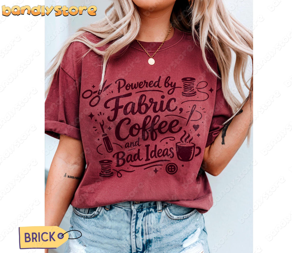 Linocut Sewing T-Shirt in brick on a person with long blonde hair, front torso view above ripped jeans.