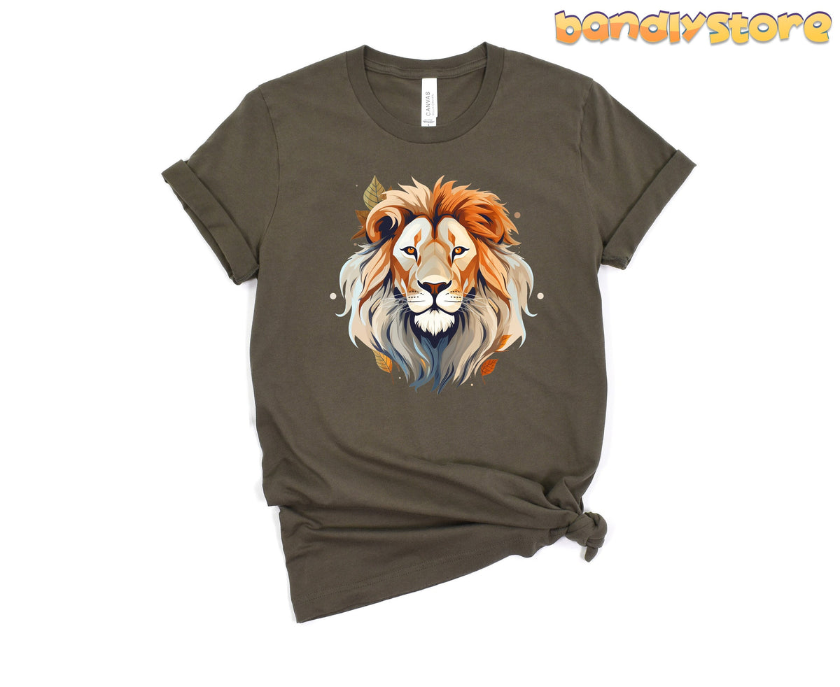 Majestic Lion T-Shirt in Army, front view flat-lay with a colorful lion face graphic centered on the tied hem.