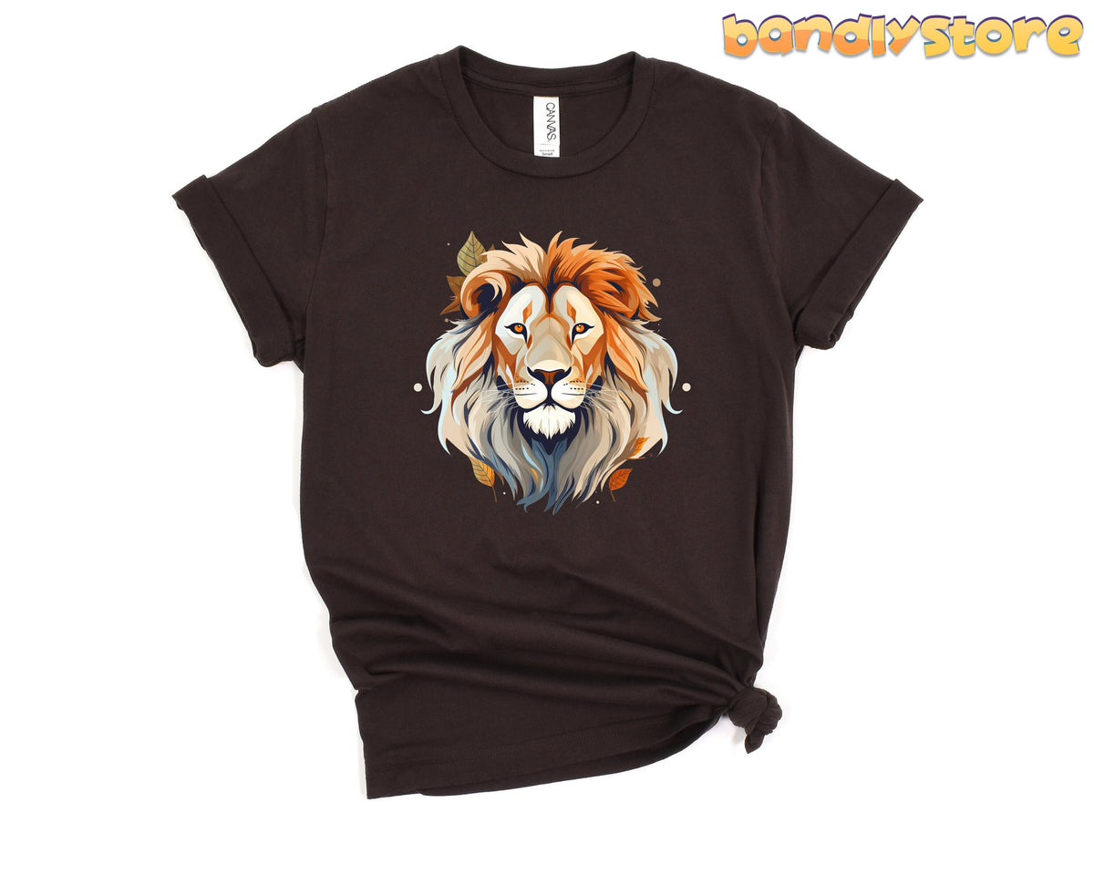 Majestic Lion T-Shirt on a brown tee, front view, knotted at the hem, plain white backdrop.