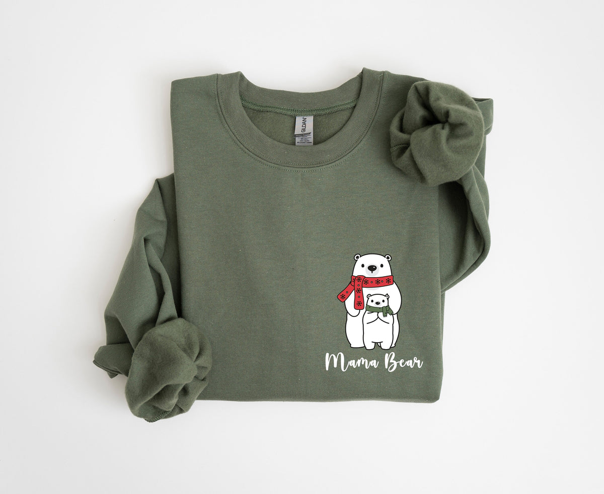 Pocket Mama Bear Sweatshirt in military green folded flat on a plain white background.