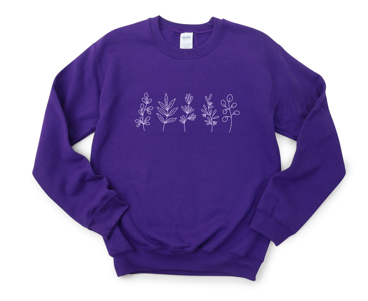 Monochrome Floral Sweatshirt purple crewneck laid flat front-on with five white line-drawn plant stems across the chest.