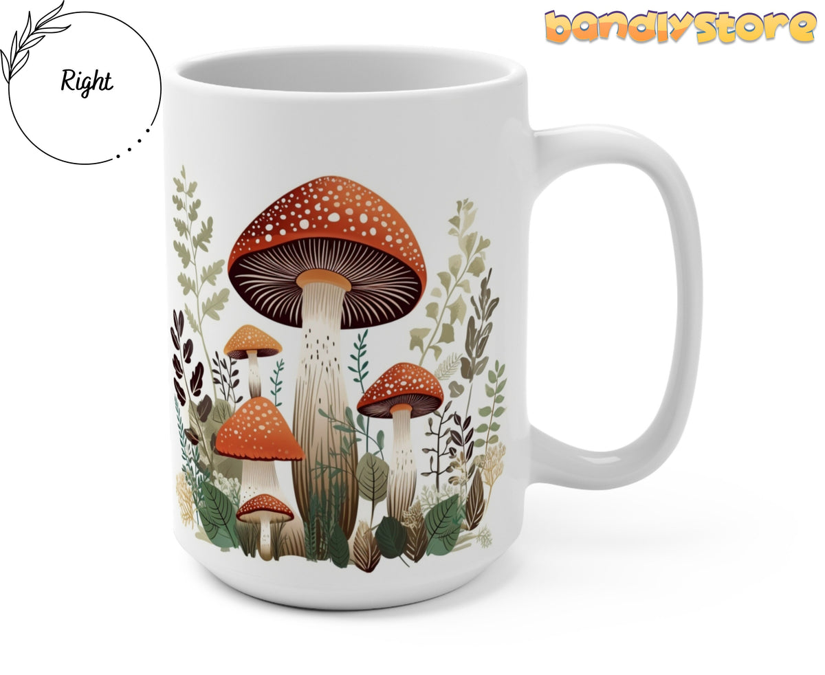 Mushroom Mug shown side-on on plain background with handle at right, printed with mushrooms and foliage.