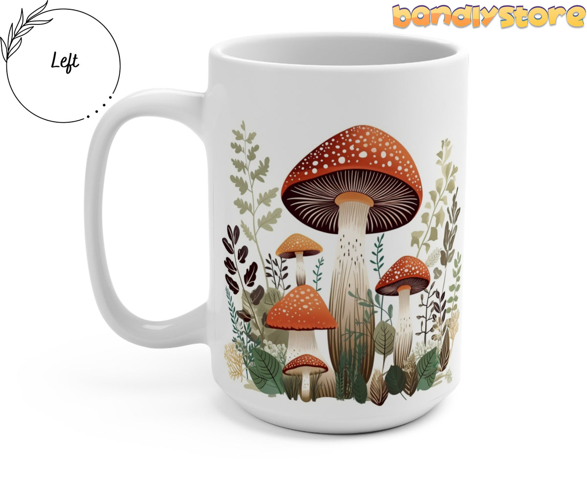 Mushroom Mug angled view with left handle visible and mushroom design on plain background.