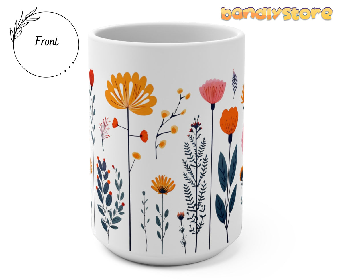 Navy Daisy Doodle Wildflowers Mug upright in front view alone on a plain white background.