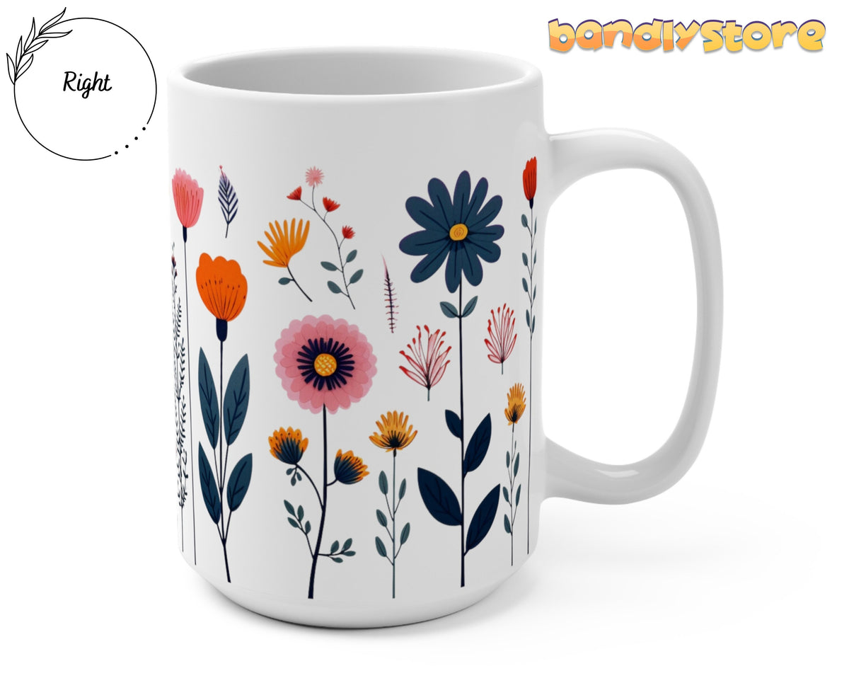 Navy Daisy Doodle Wildflowers Mug shown upright from the side with handle right, floral pattern on white.
