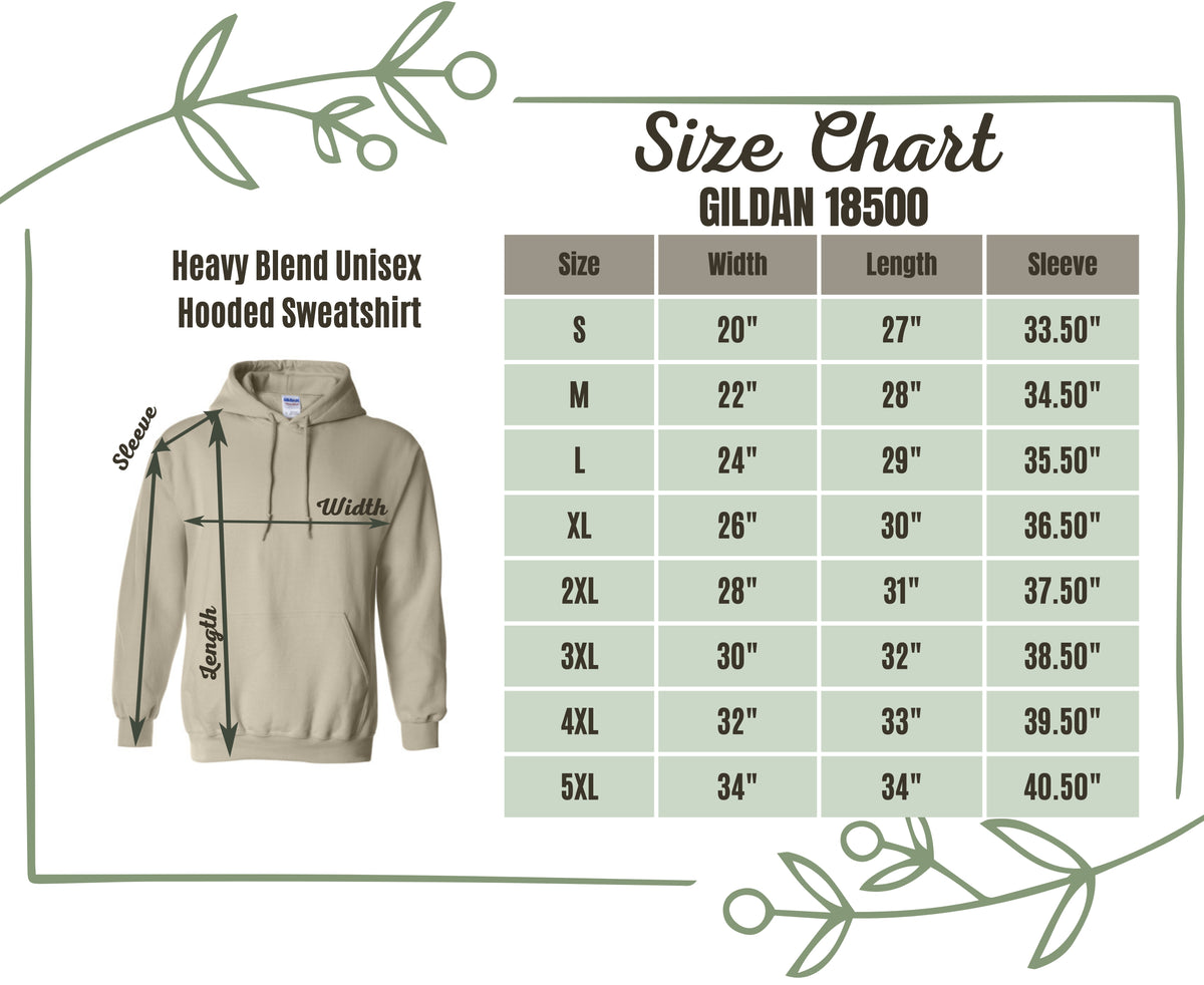 Gildan 18500 Heavy Blend unisex hooded sweatshirt size chart, S to 5XL: width 20 to 34 inches, length 27 to 34 inches, sleeve 33.5 to 40.5 inches