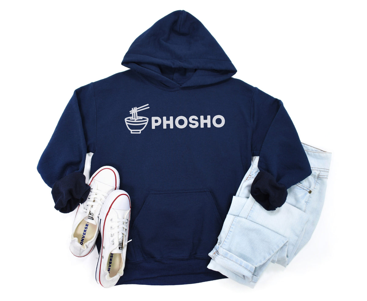 Pho Sho Hoodie in navy, flat-lay with white sneakers left and light-wash jeans right.