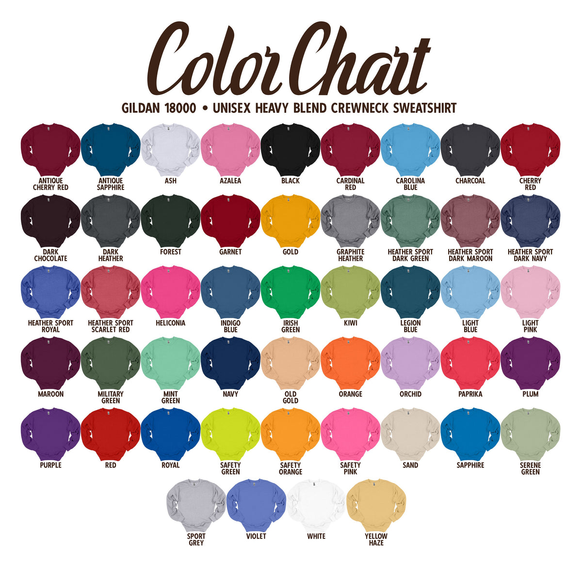Pho Sho Sweatshirt color chart with rows of labeled crewnecks in assorted shades on white.