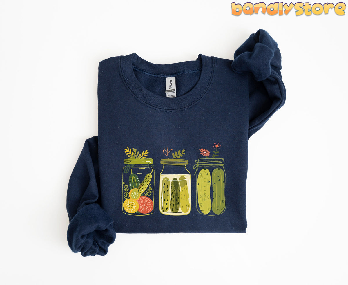 Pickle Jars Sweatshirt in navy folded flat on white background with knotted sleeve.