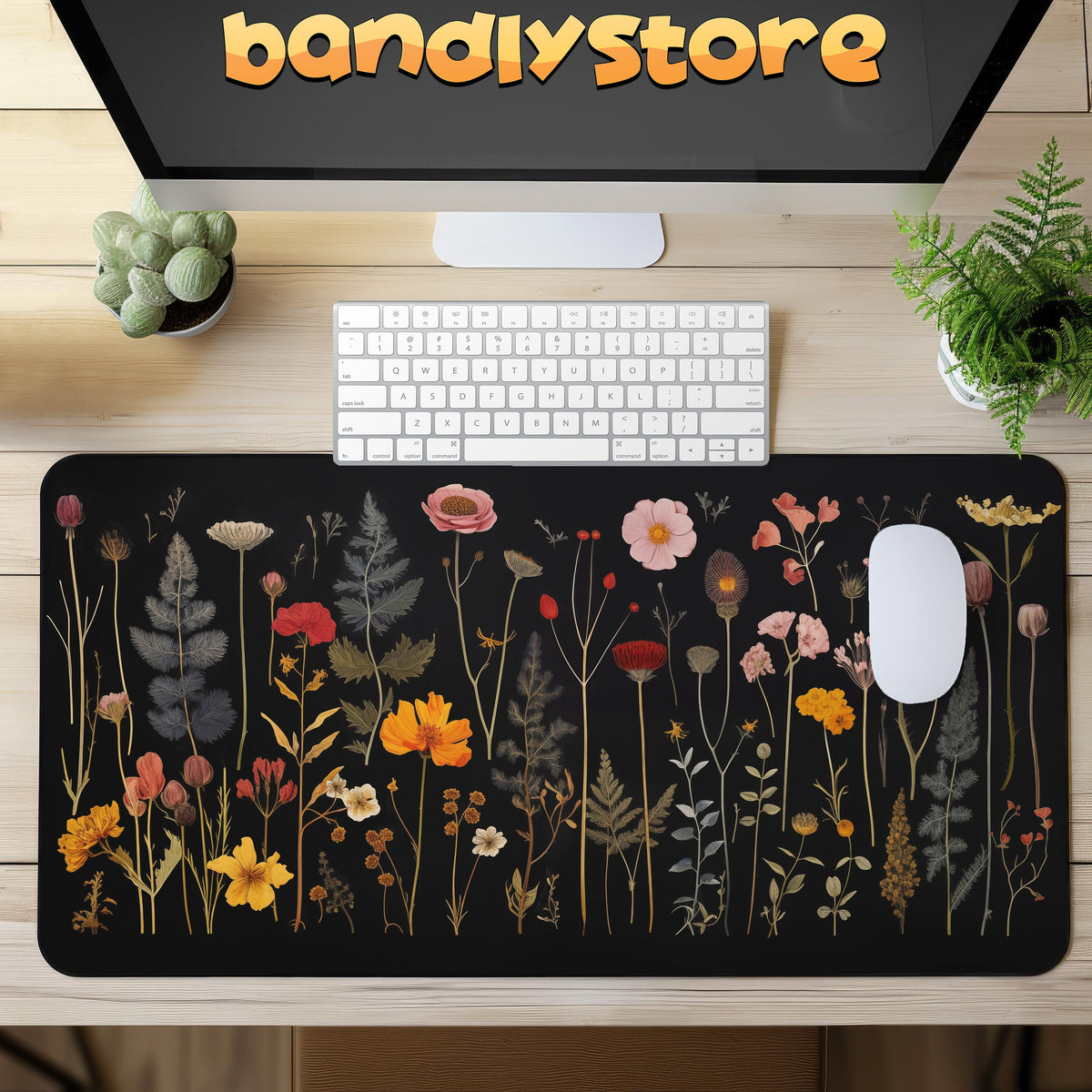 Pressed Wildflowers Desk Mat on a light wood desk in top-down view with keyboard, mouse, monitor and potted plants.