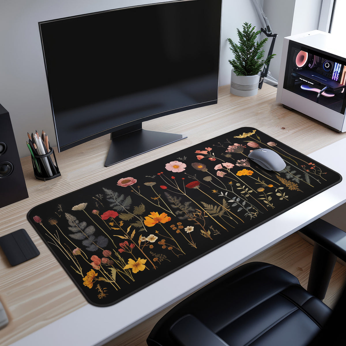 Pressed Wildflowers Desk Mat on a light wood desk under a black monitor, with mouse, plant, PC, and chair visible.