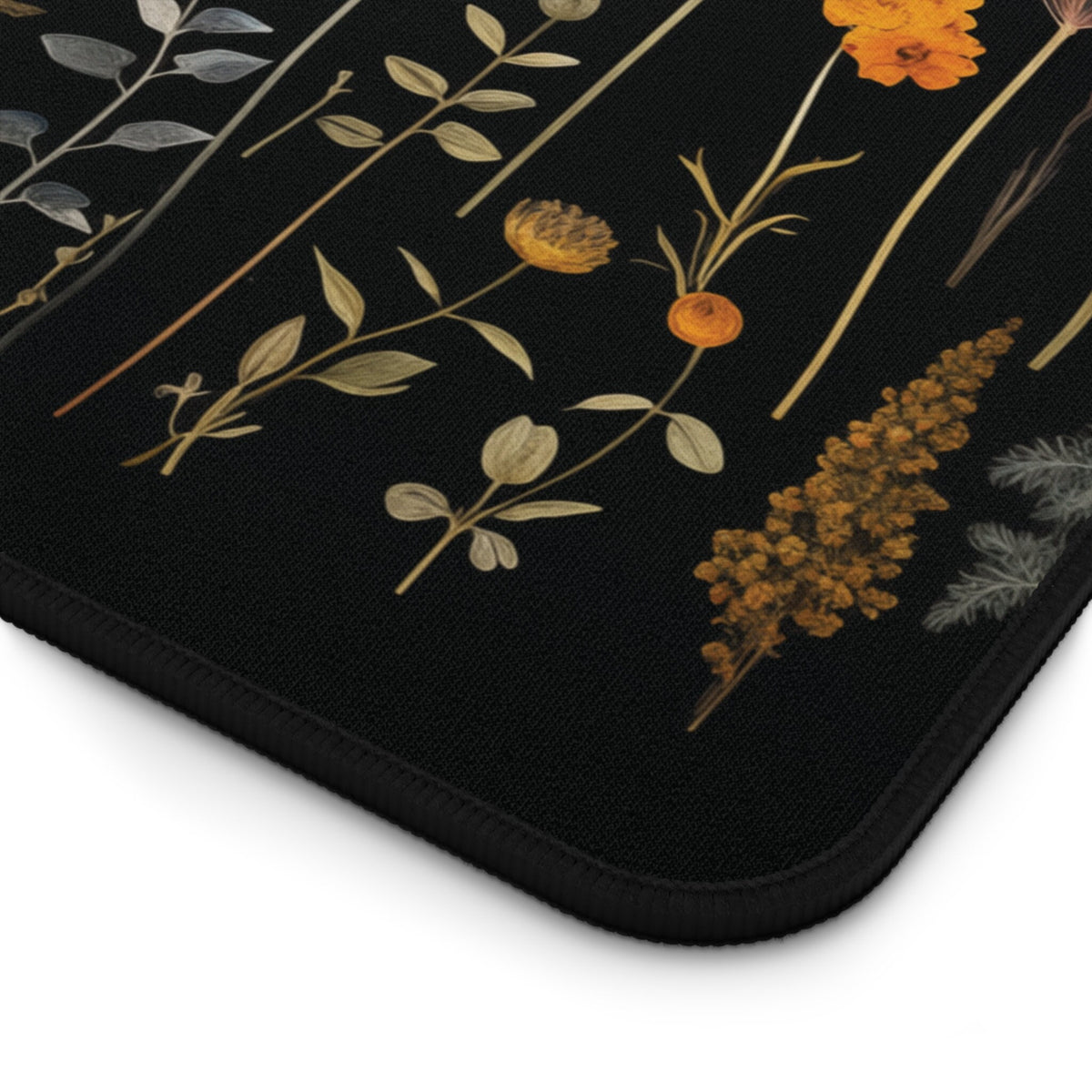 Pressed Wildflowers Desk Mat detail showing botanical stems and blooms on black fabric with stitched edge.