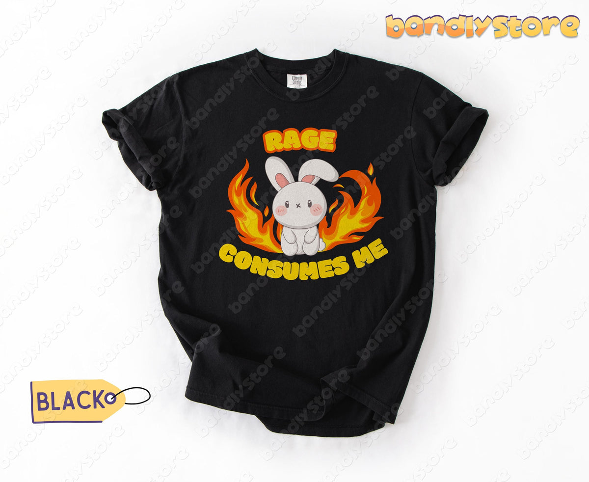 Rage Consumes Me T-Shirt in black laid flat from above on white background beside a colour tag.