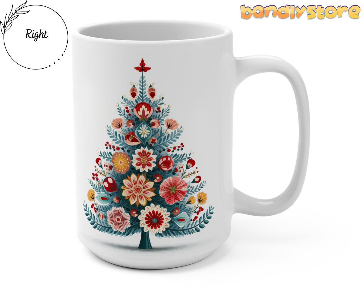 Scandinavian Folk Art Christmas Tree Mug angled on plain background with handle on the right and Right marker at left.