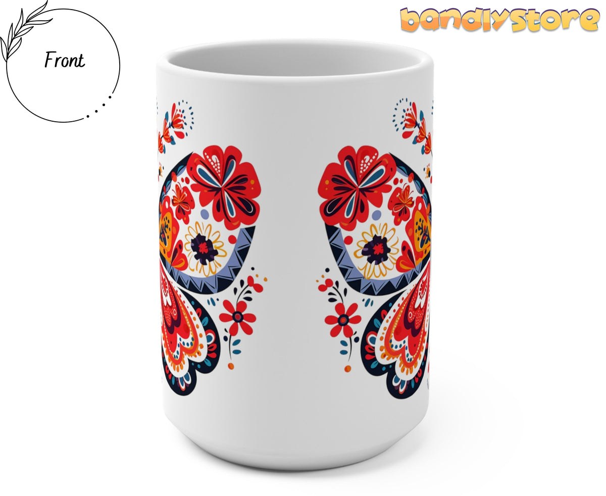 Scandinavian Folk Butterfly Mug front view on plain white background with Front label at left.