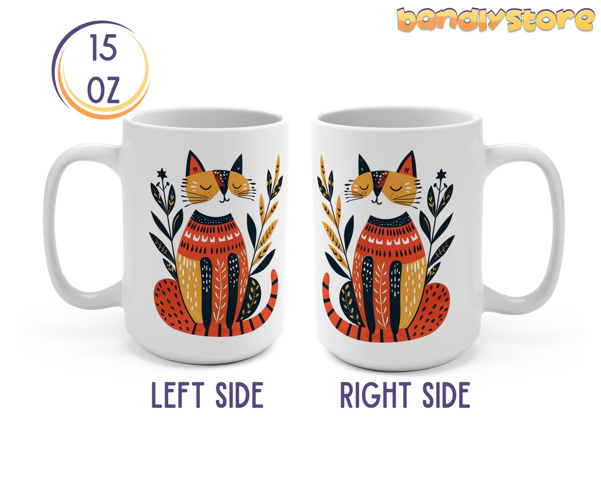 Scandinavian Art Cat Mug shown front-facing as left and right sides of a white 15 oz mug with folk-art cat, 15oz