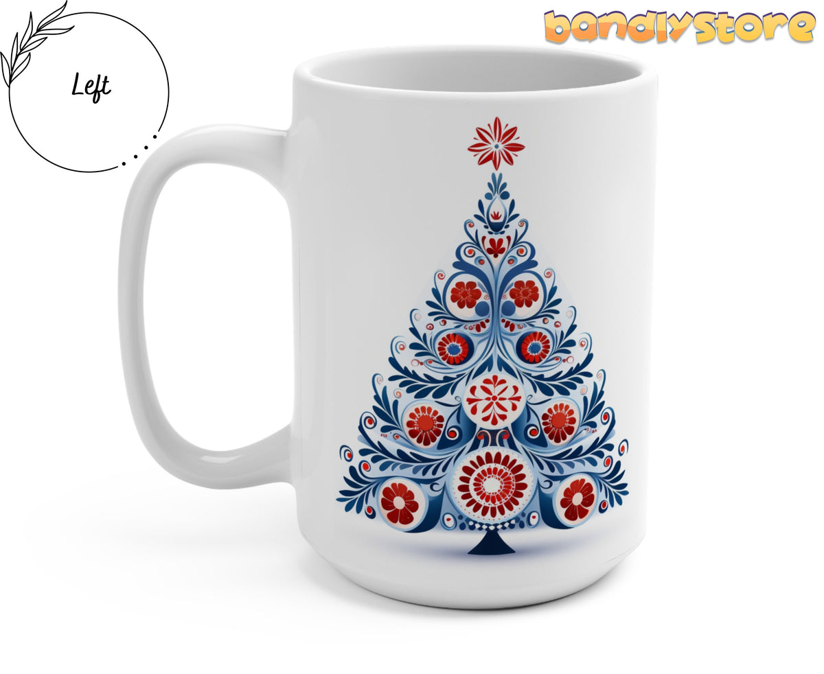 Scandinavian Folk Art Christmas Tree Mug viewed from the left against a plain white background.