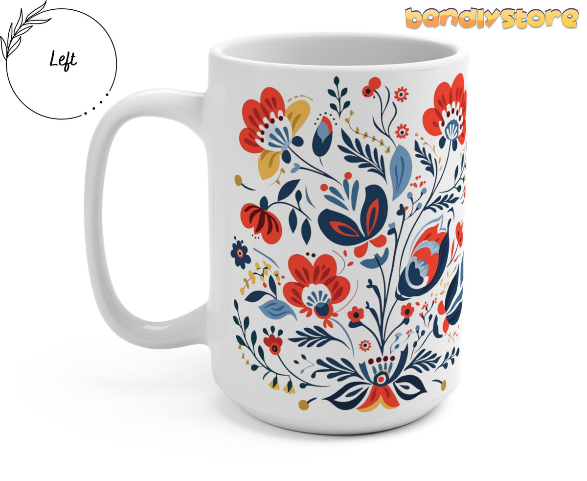 Scandinavian Folk Floral Mug angled on a white background with handle on the left.
