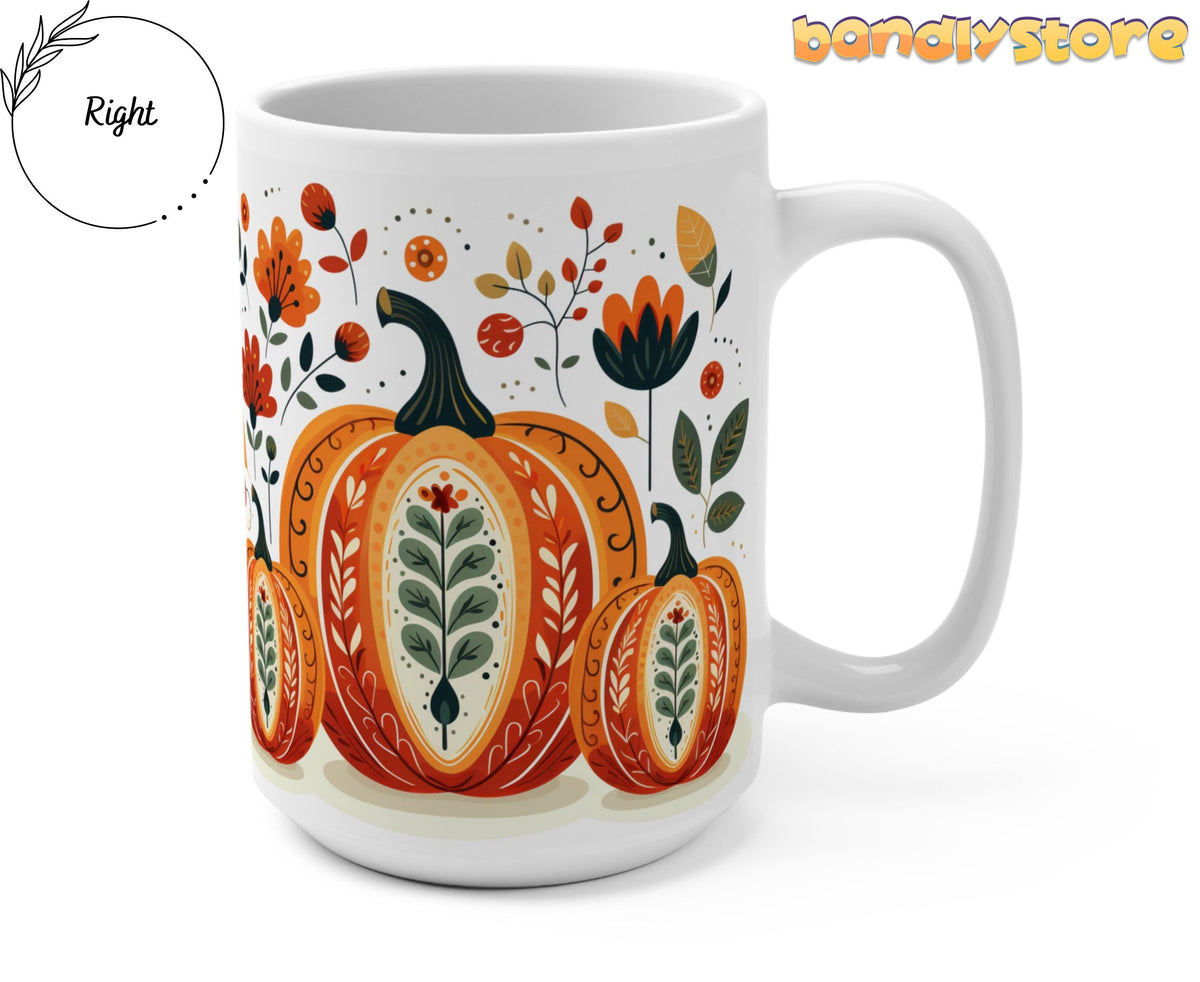 Scandinavian Folk Pumpkin Mug angled on plain white background with handle on the right.