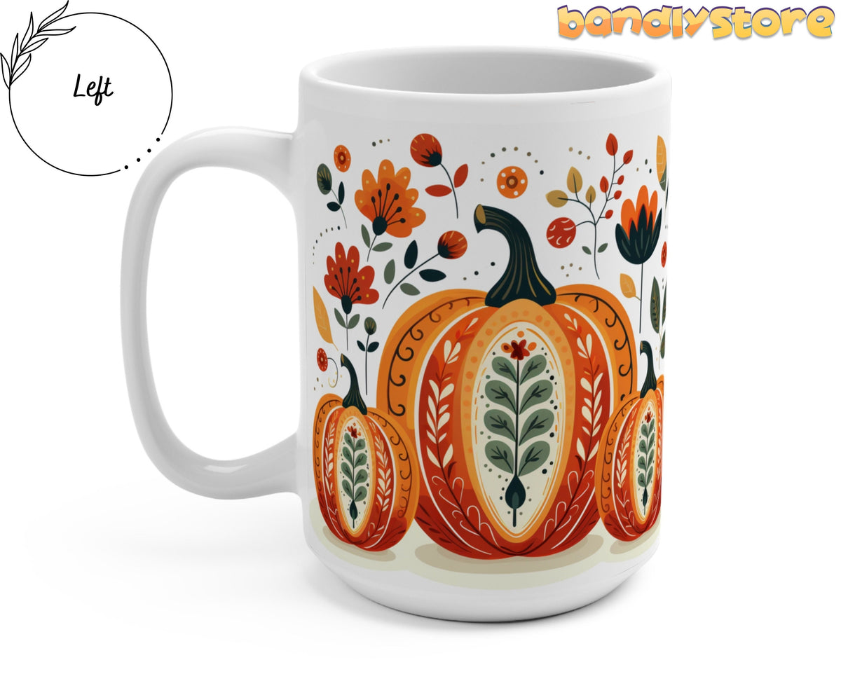 Scandinavian Folk Pumpkin Mug angled on plain white background with handle on the left.